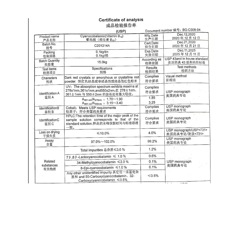 Vitamin B12 Cyanocobalamin 1% Feed Ingredients for Animal